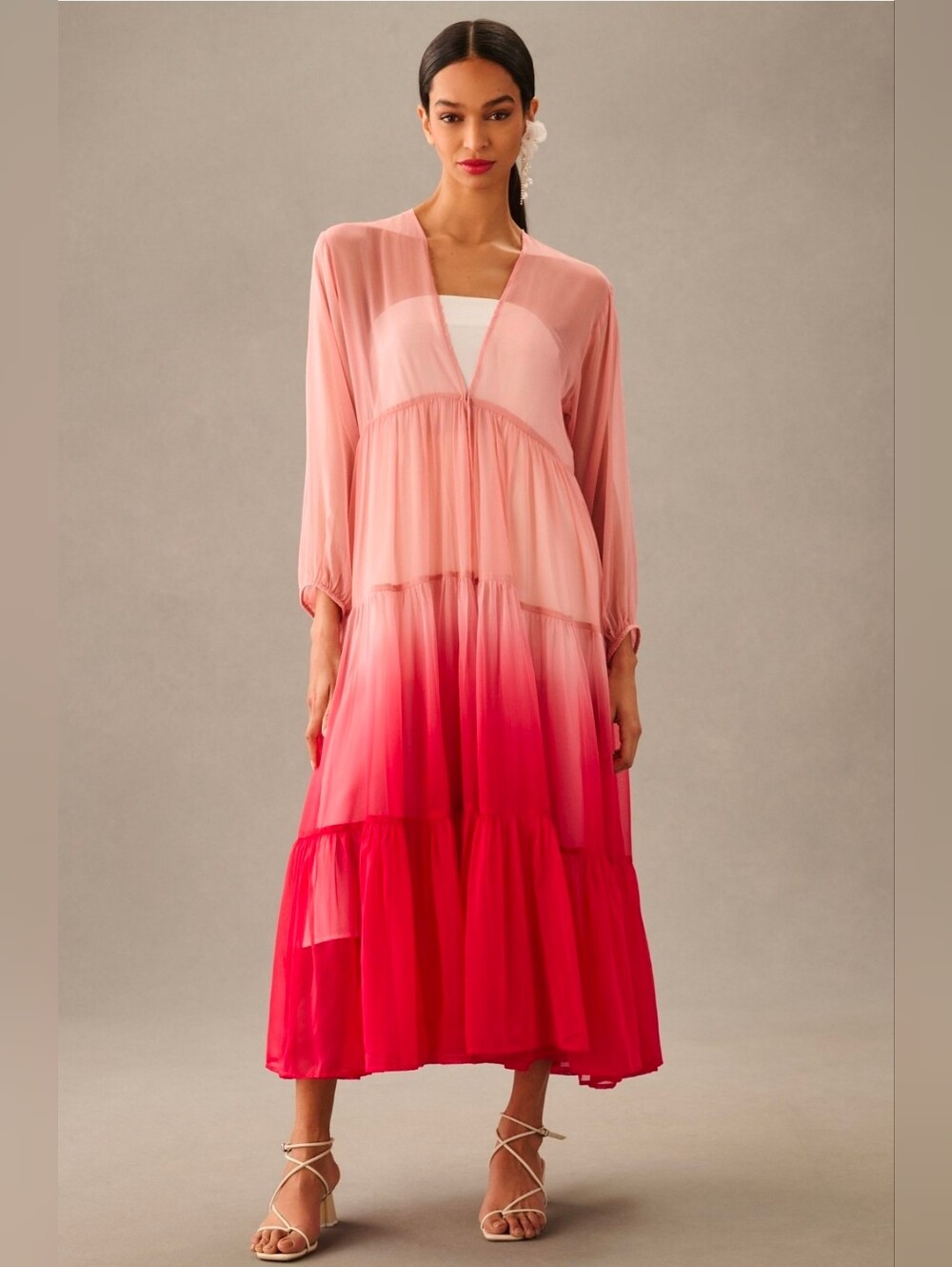 Anthropologie X Womens Maxi Duster One Size Tiered Sheer Ombre Pink NIP$130